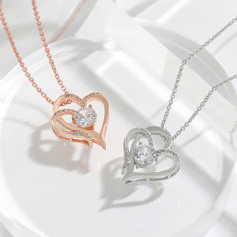 Zircon Double Love Necklace With Rhinestones For Women Valentine's Day